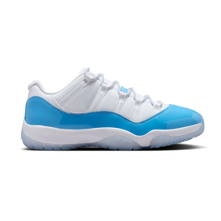 White and Bright Blue Low-Top Sneakers with Glossy Panels and Ice-Blue Sole