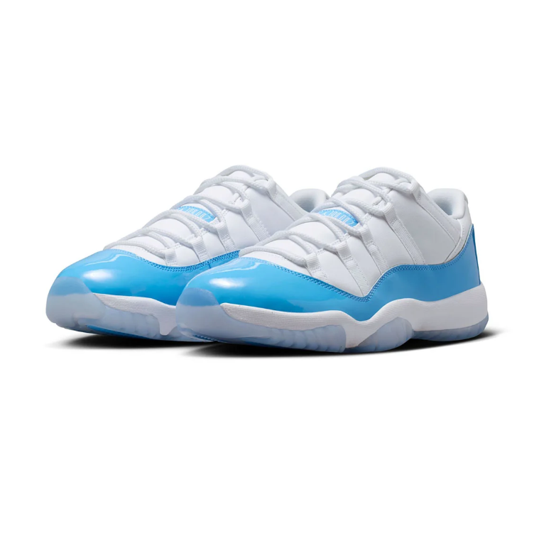 White and Bright Blue Low-Top Sneakers with Glossy Panels and Ice-Blue Sole
