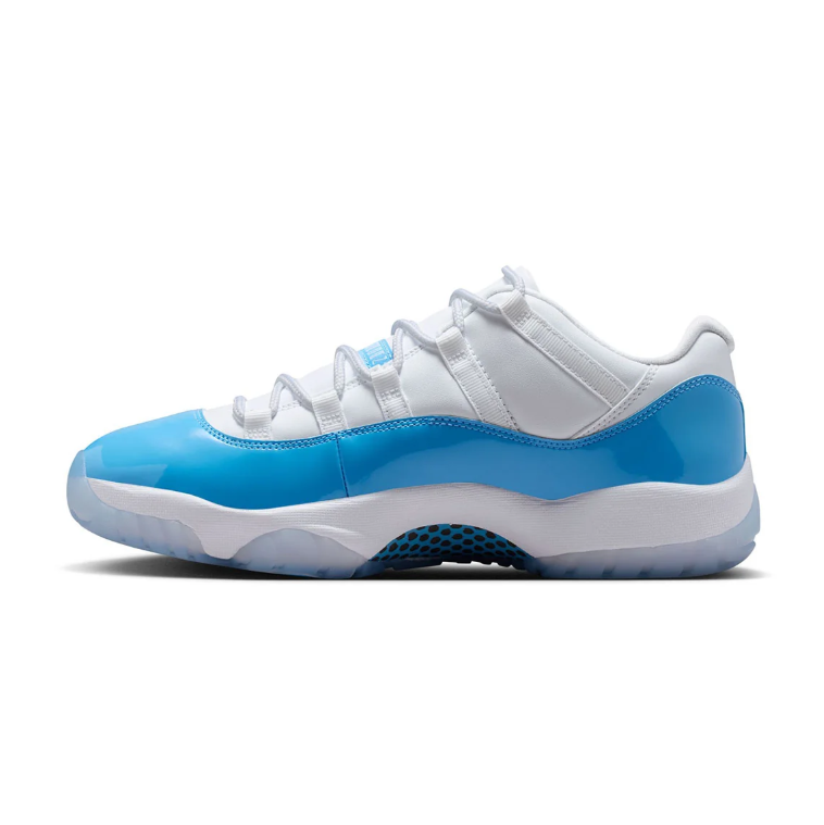 White and Bright Blue Low-Top Sneakers with Glossy Panels and Ice-Blue Sole
