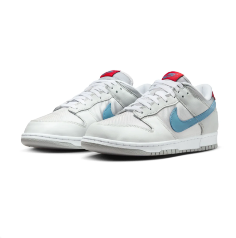 Nike White and Light Grey Low-Top Sneakers with Blue Swooshes and Red Accents