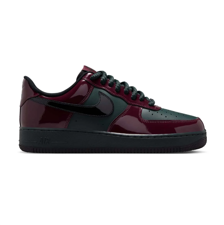 Nike Air Force 1 Burgundy and Dark Green Low-Top Sneakers with Glossy Panels