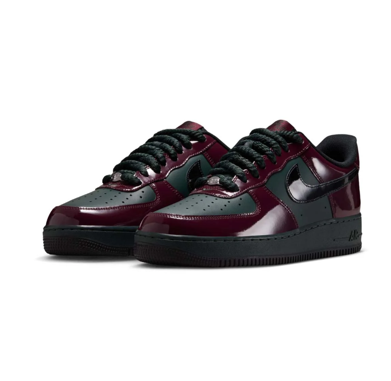 Nike Air Force 1 Burgundy and Dark Green Low-Top Sneakers with Glossy Panels