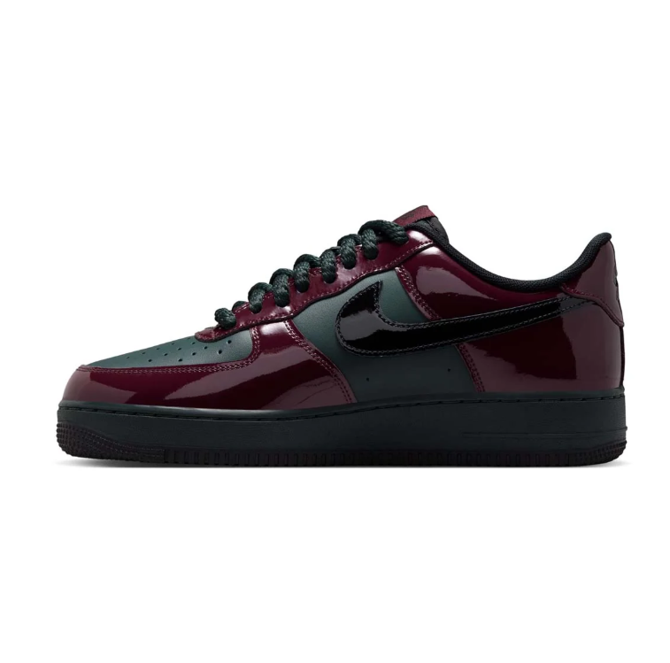 Nike Air Force 1 Burgundy and Dark Green Low-Top Sneakers with Glossy Panels