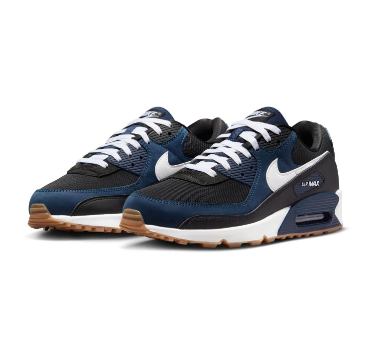Nike Air Max 90 Black and Navy Sneakers with White Swooshes and Gum-Toned Sole